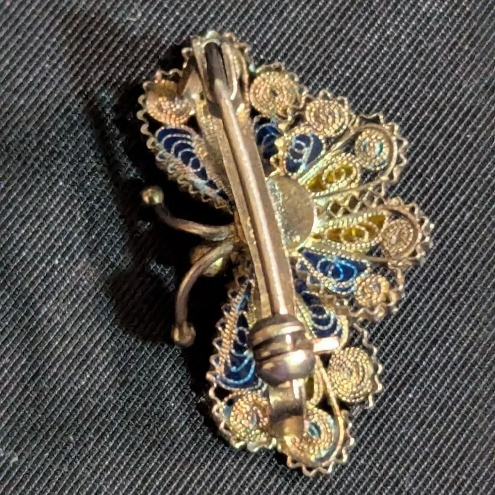 Vintage Enamel Filigree‎ Butterfly Brooch Pin Blue Yellow Silver Tone 1 Inch